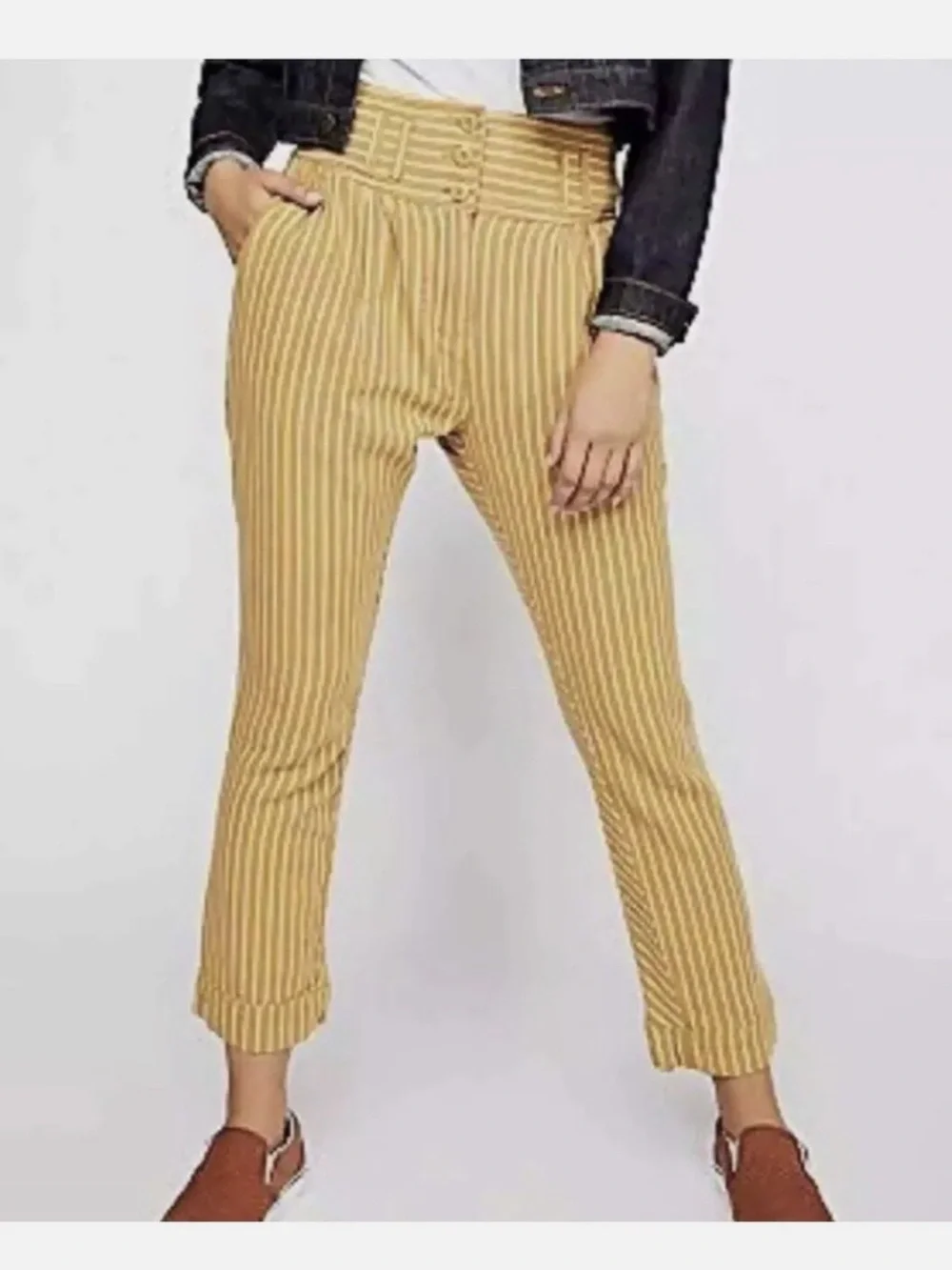 Free People Rumors Textured Harem Pants Mustard Yellow‎ White Striped 8